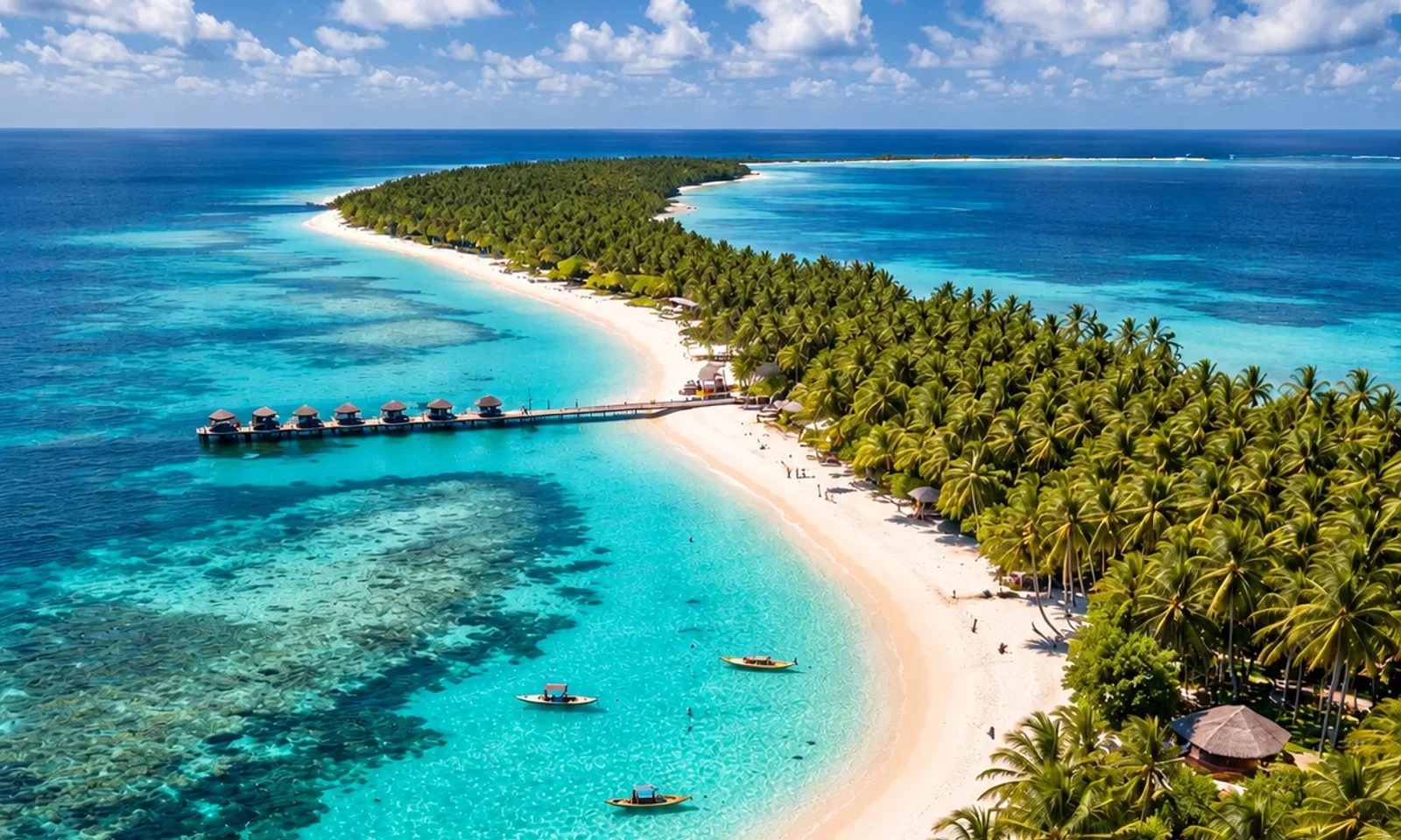 Palm-lined island shoreline beside a clear turquoise lagoon